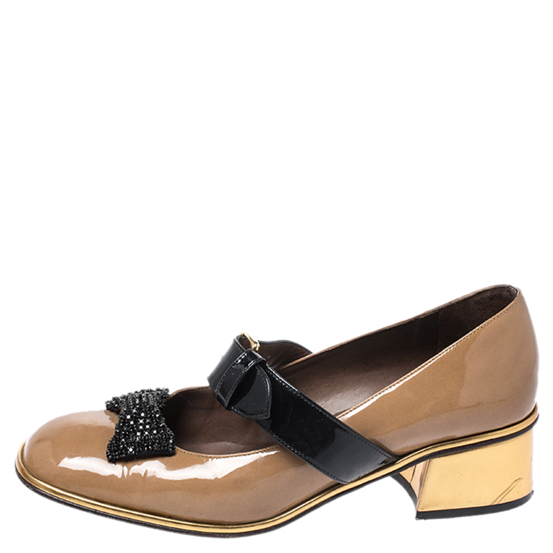 Pre-owned Marni Brown Patent Leather Embellished Bow Mary Jane Buckle Strap Pumps Size 38