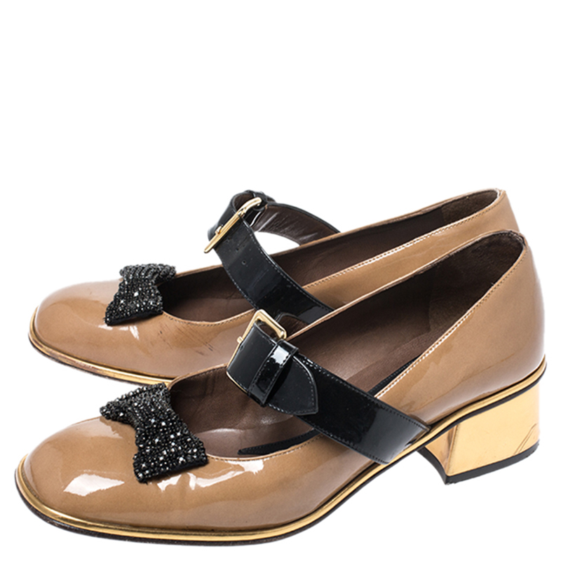 Pre-owned Marni Brown Patent Leather Embellished Bow Mary Jane Buckle Strap Pumps Size 38