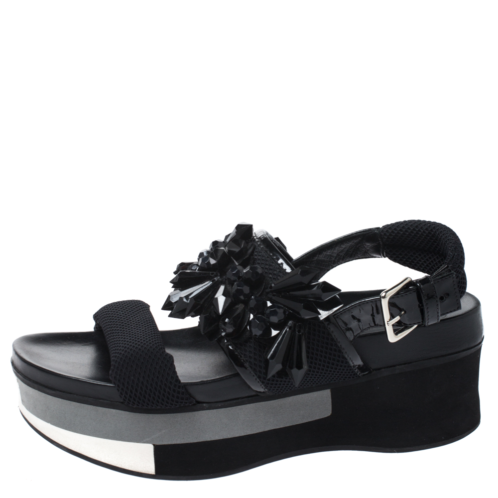 

Marni Black Mesh And Patent Leather Embellished Slingback Platform Flat Sandals Size