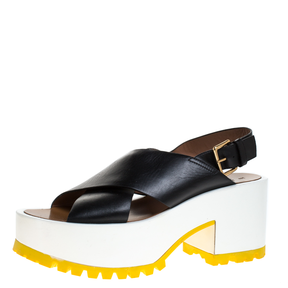 Pre Owned Marni Black Leather Crisscross Platform Sandals Size 40