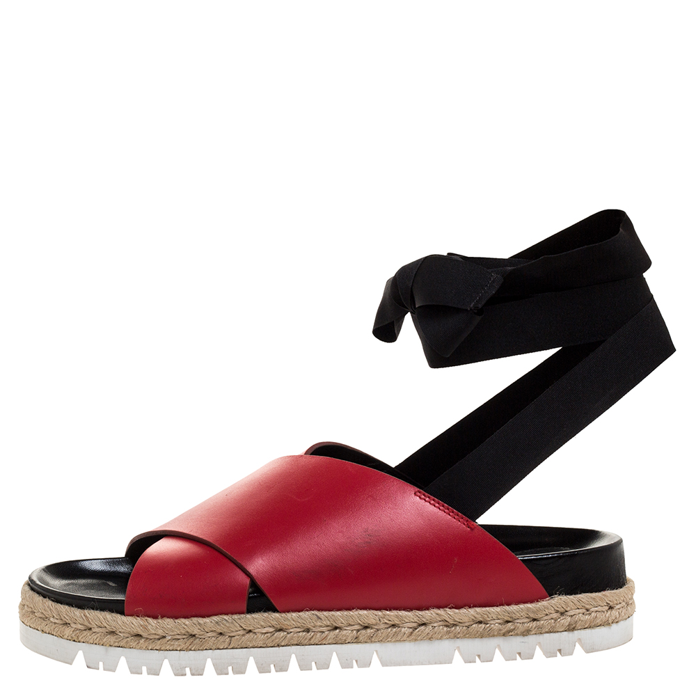 

Marni Red Leather And Black Ribbon Ankle Wrap "Fussbett" Espadrille Flat Size