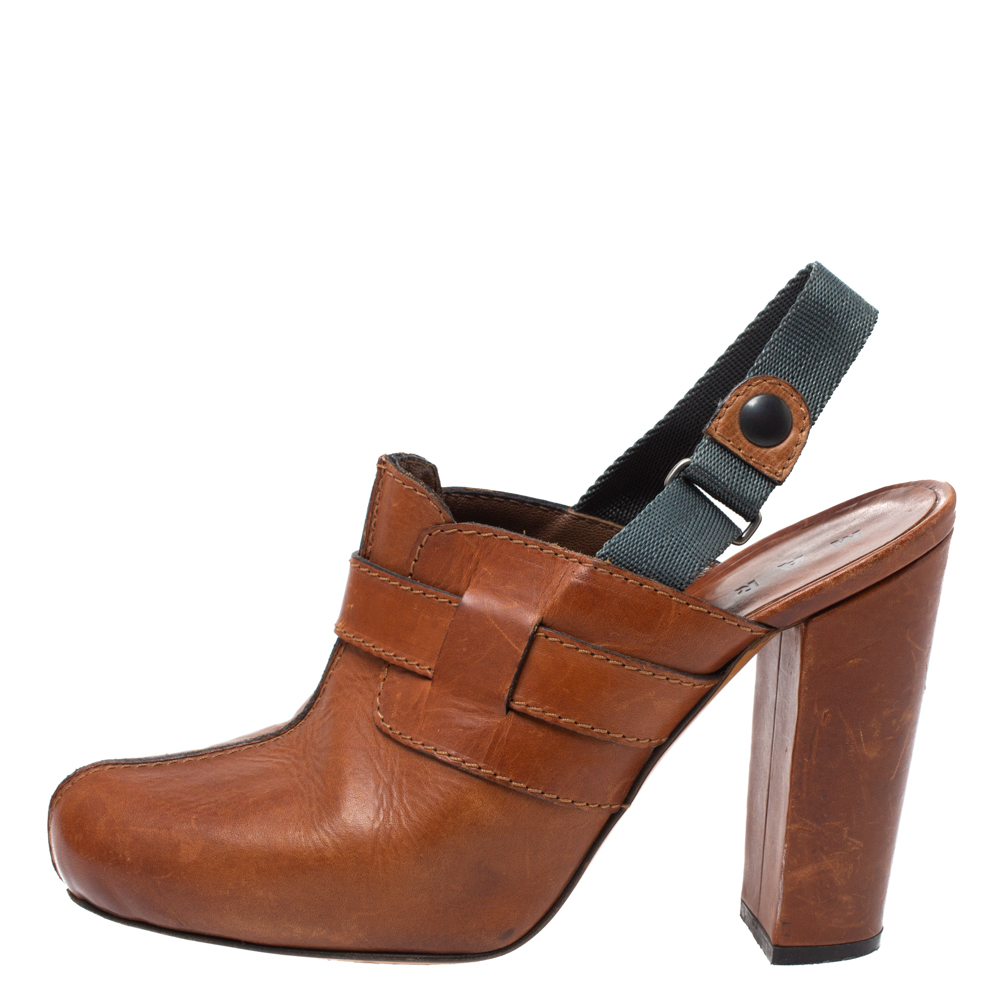 

Marni Brown Leather Round Toe Block Heel Slingback Sandals Size