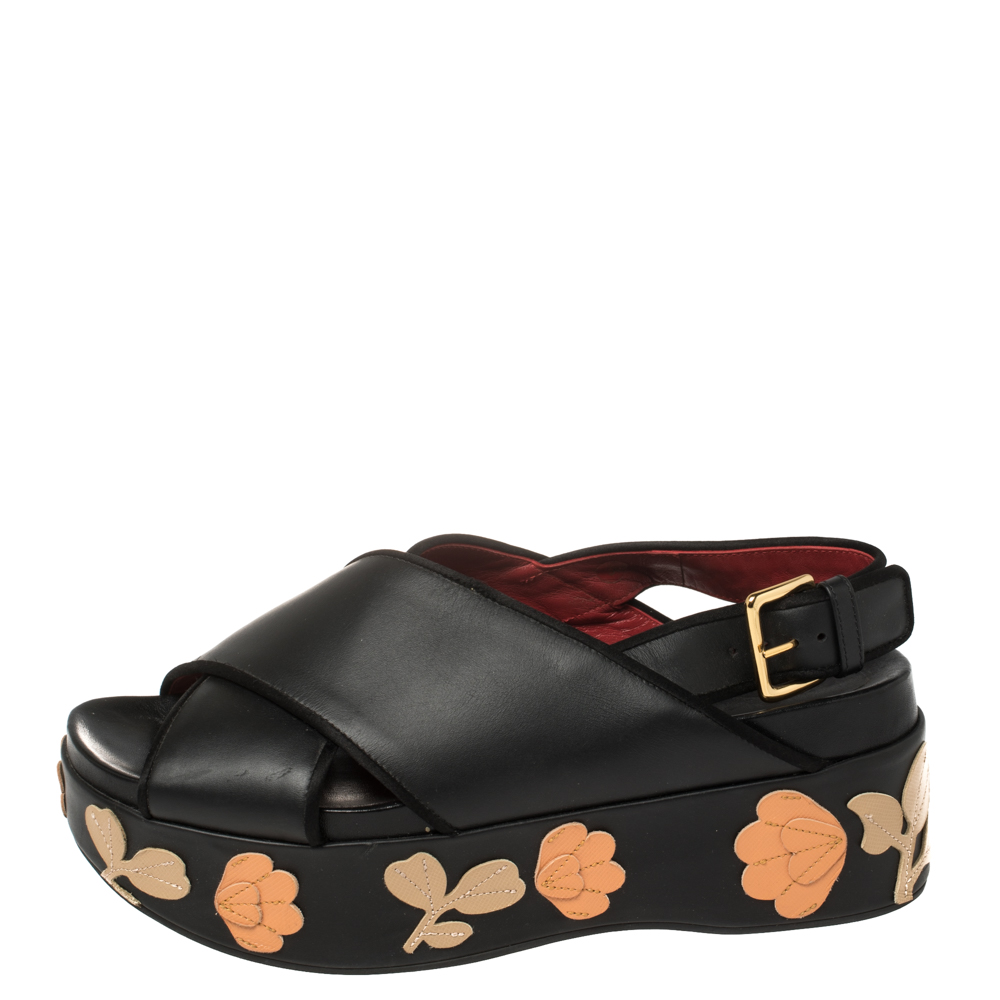 

Marni Black Leather Cross Strap Floral Platform Sandals Size