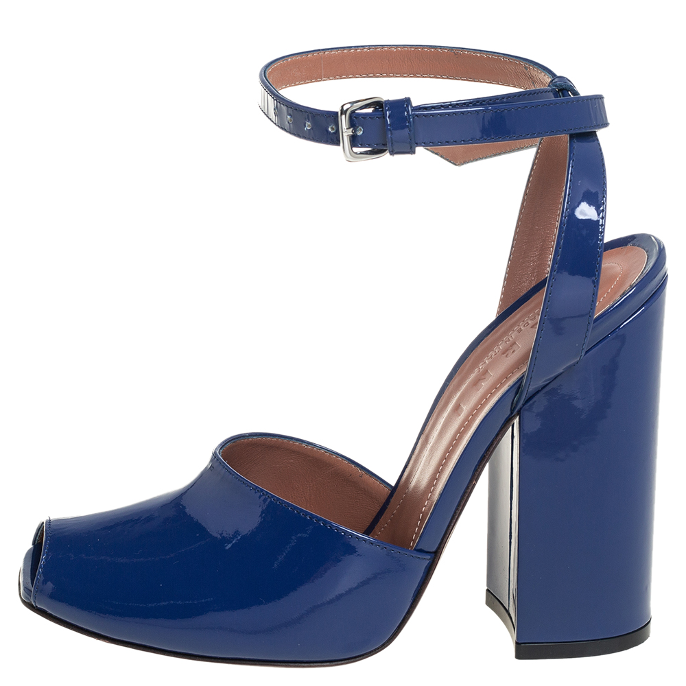 

Marni Blue Patent Leather Block Heel Peep Toe Ankle Strap Sandals Size