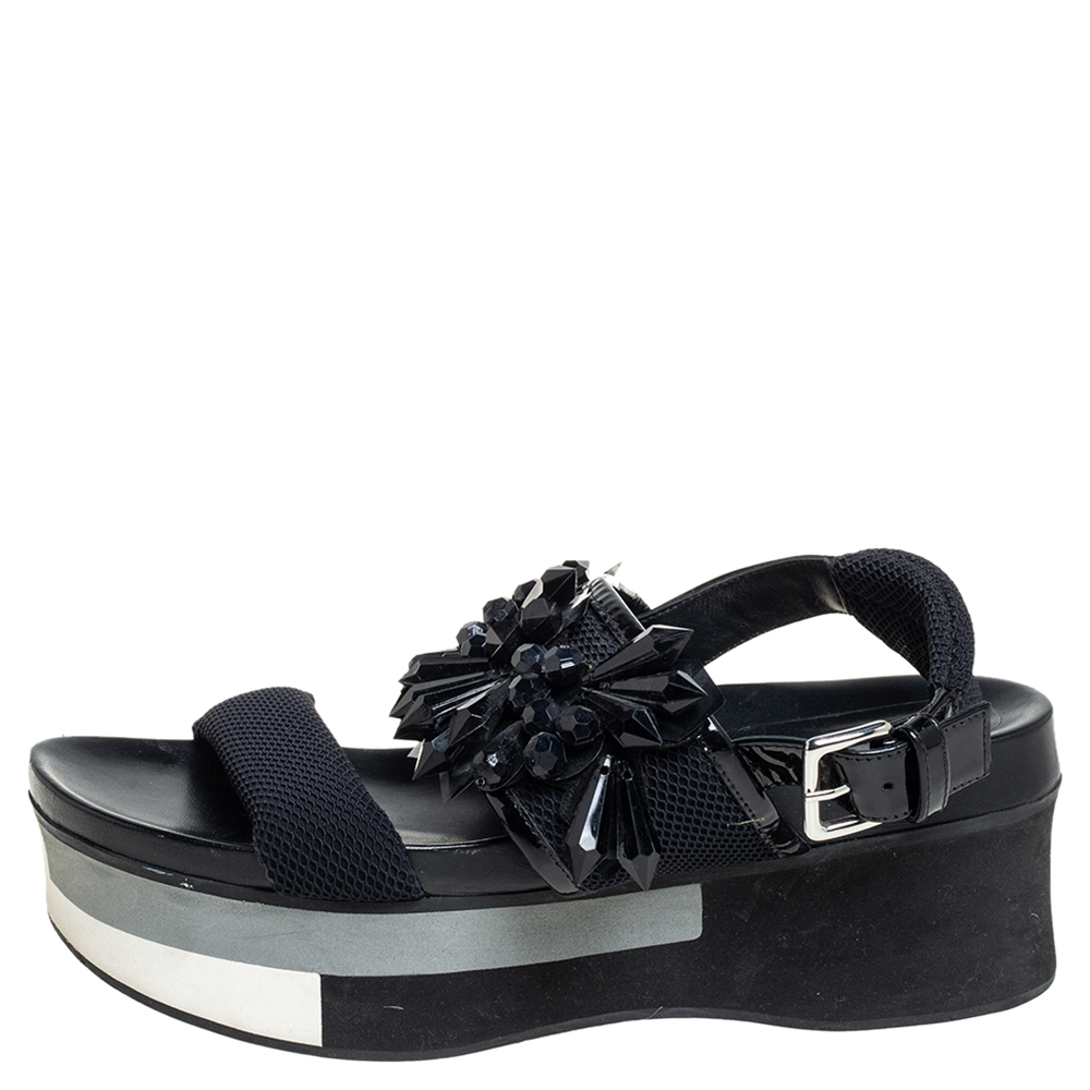 

Marni Black Mesh And Patent Leather Embellished Platform Slingback Sandals Size