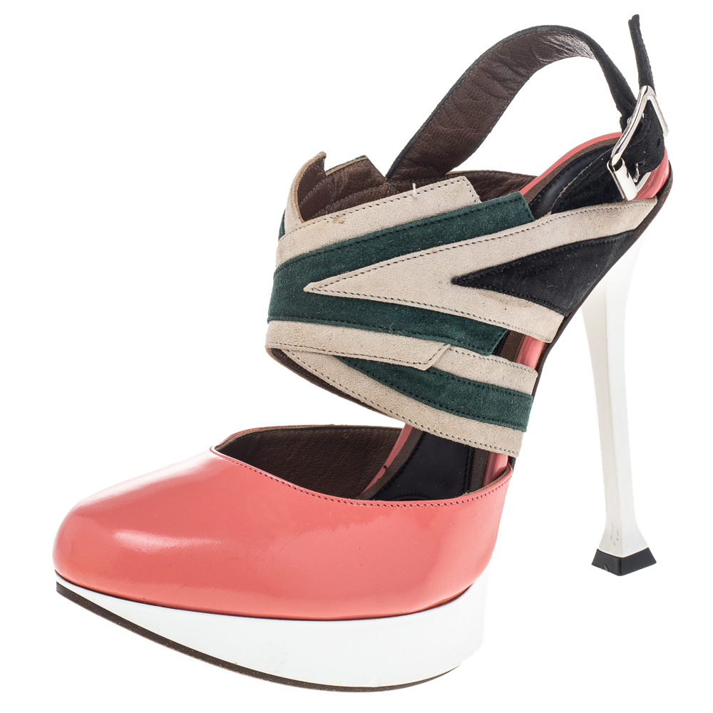 

Marni Multicolor Leather And Suede Slingback Platform Sandals Size