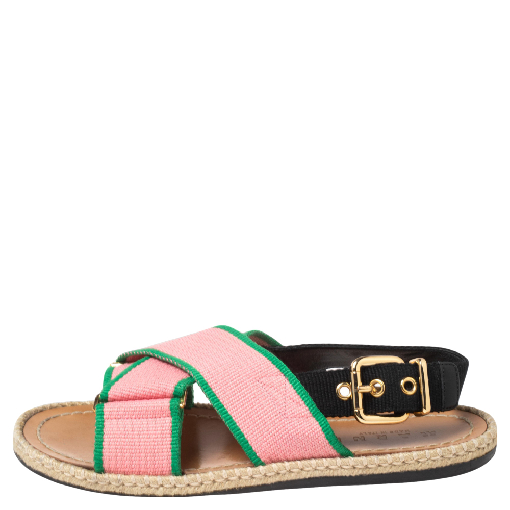 

Marni Pink Nylon Cross Strap Slingback Espadrille Flat Sandals Size