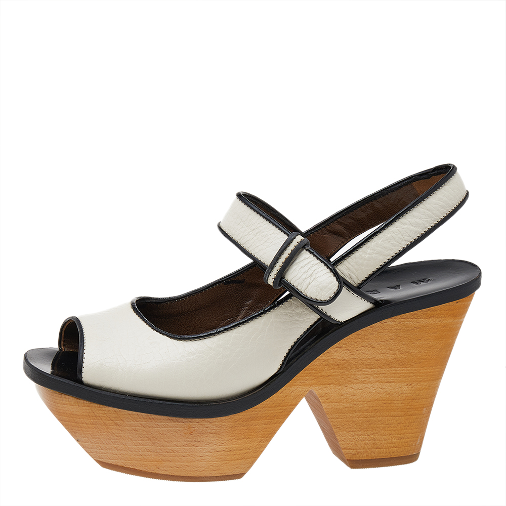 

Marni White-Black Leather Platform Block Heel Sandals Size