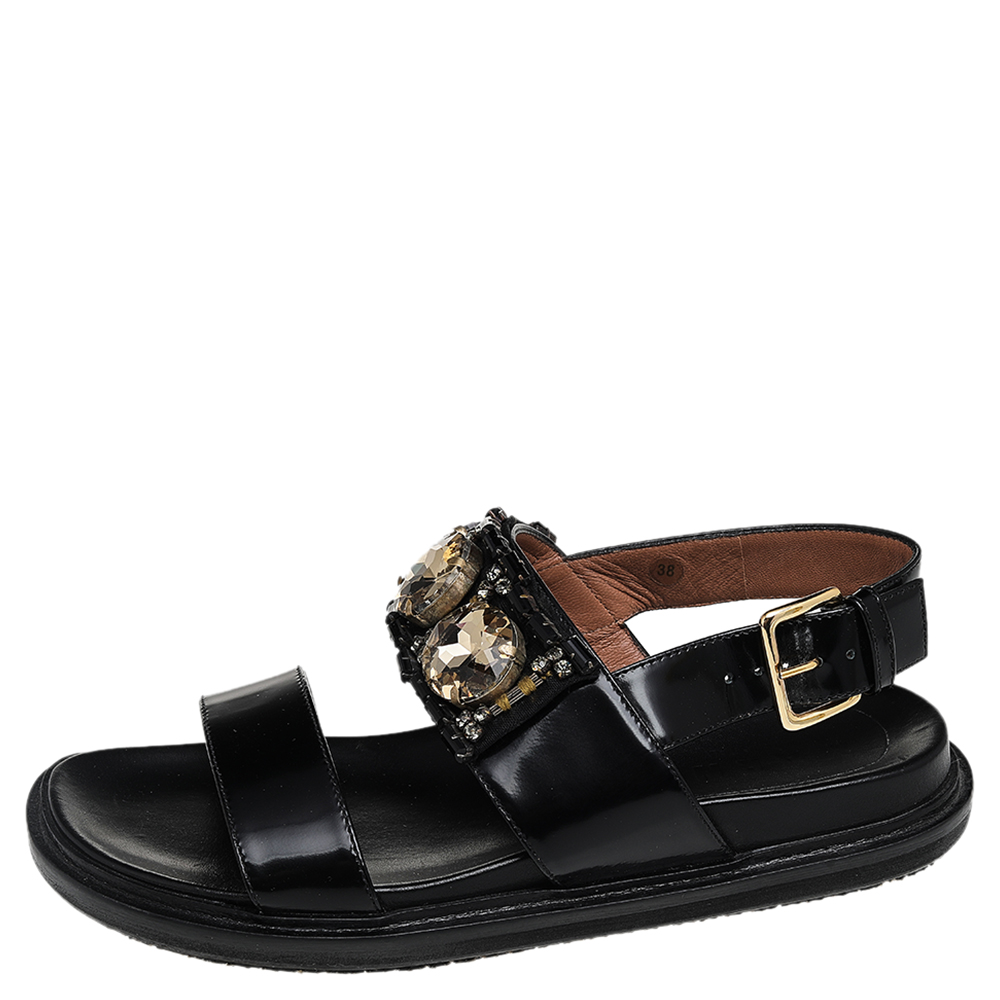 

Marni Black Leather Fussbett Crystal Embellished Sandals Size