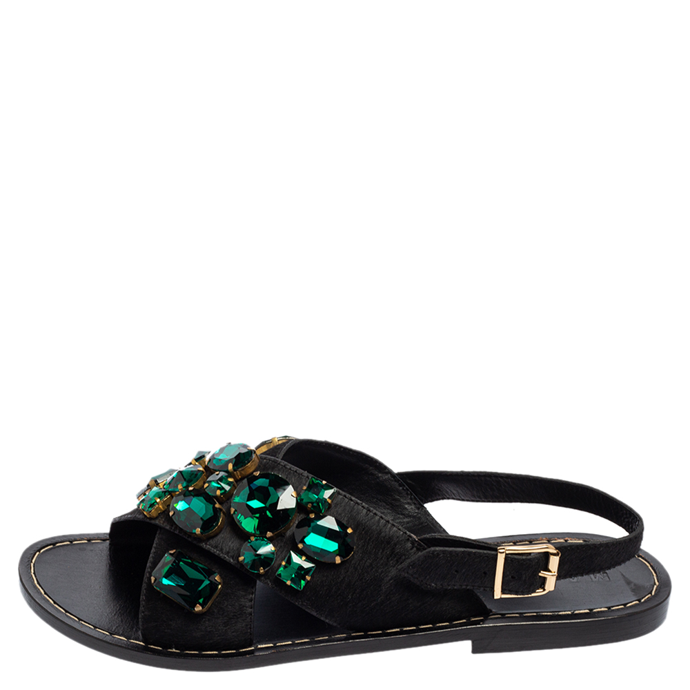 

Marni Black Calf Hair Crystal Embellished Flat Sandals Size