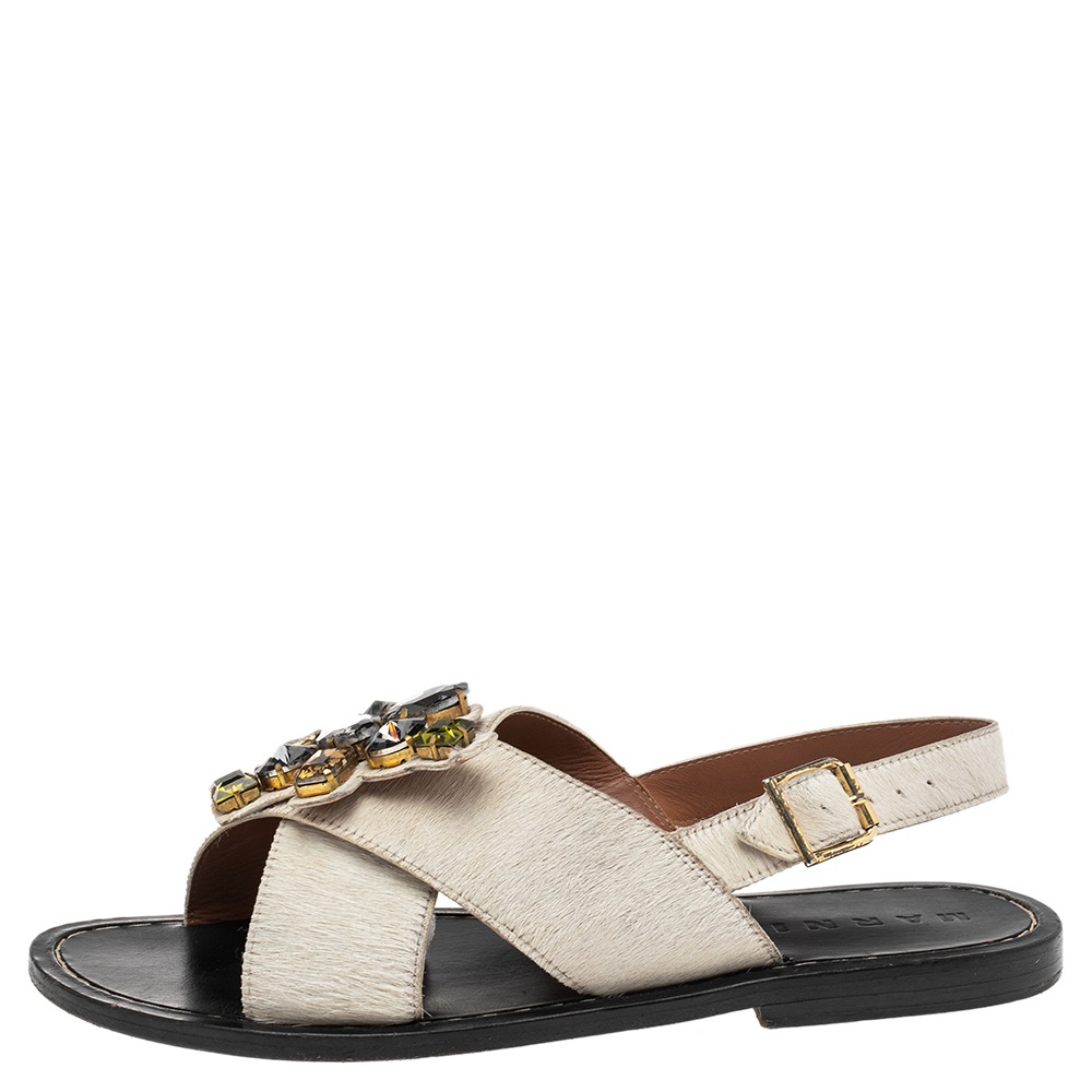 

Marni White Calf Hair Cross Strap Embellished Slingback Flat Sandals Size