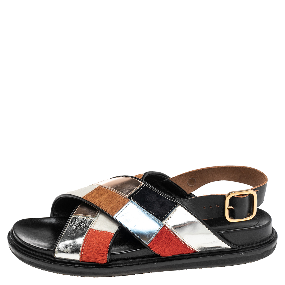 

Marni Multicolor Calf Leather And Leather Slingback Flat Sandals Size