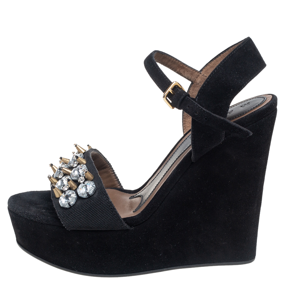 

Marni Black Suede and Fabric Embellished Crystals Platform Wedge Sandals Size