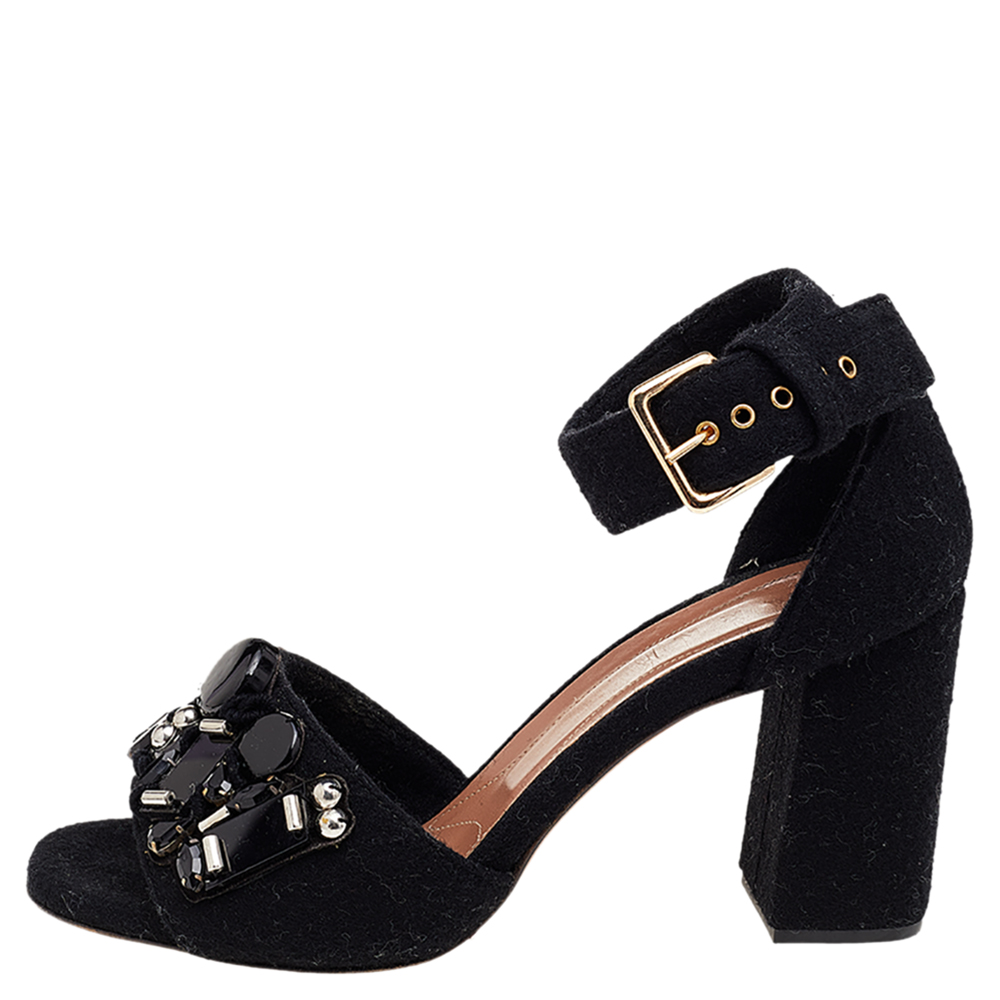 

Marni Black Felt Embellished Block Heel Ankle Strap Sandals Size