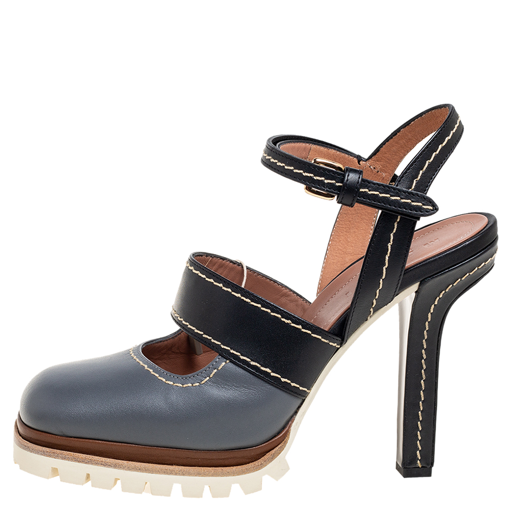 

Marni Grey/Black Leather Mary Jane Ankle Strap Pumps Size