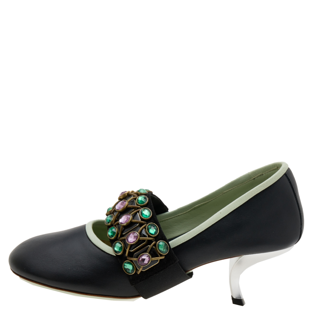 

Marni Black Leather Crystal Embellished Mary Jane Pumps Size