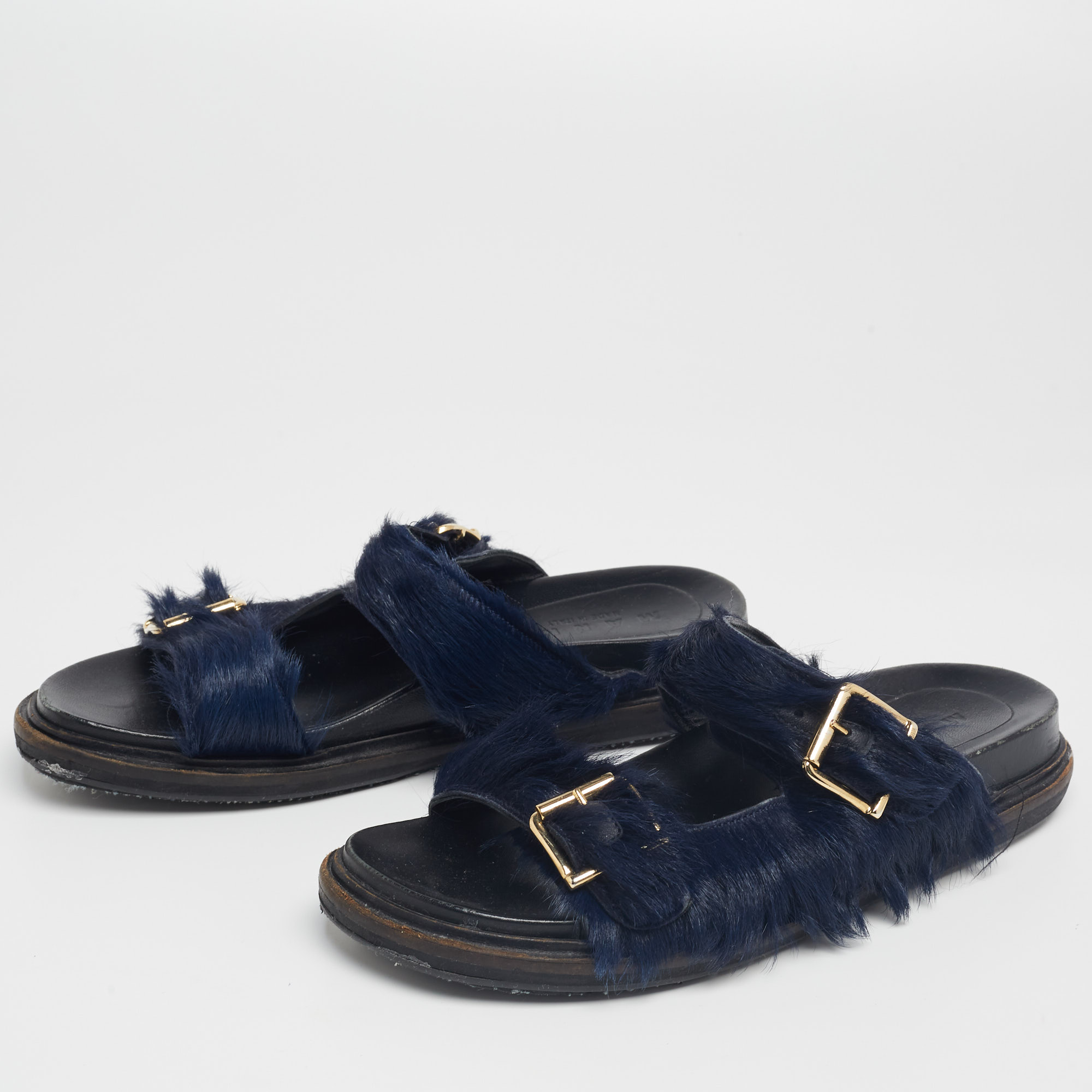 

Marni Navy Blue Fur Fussbett Slip-On Flat Sandals Size