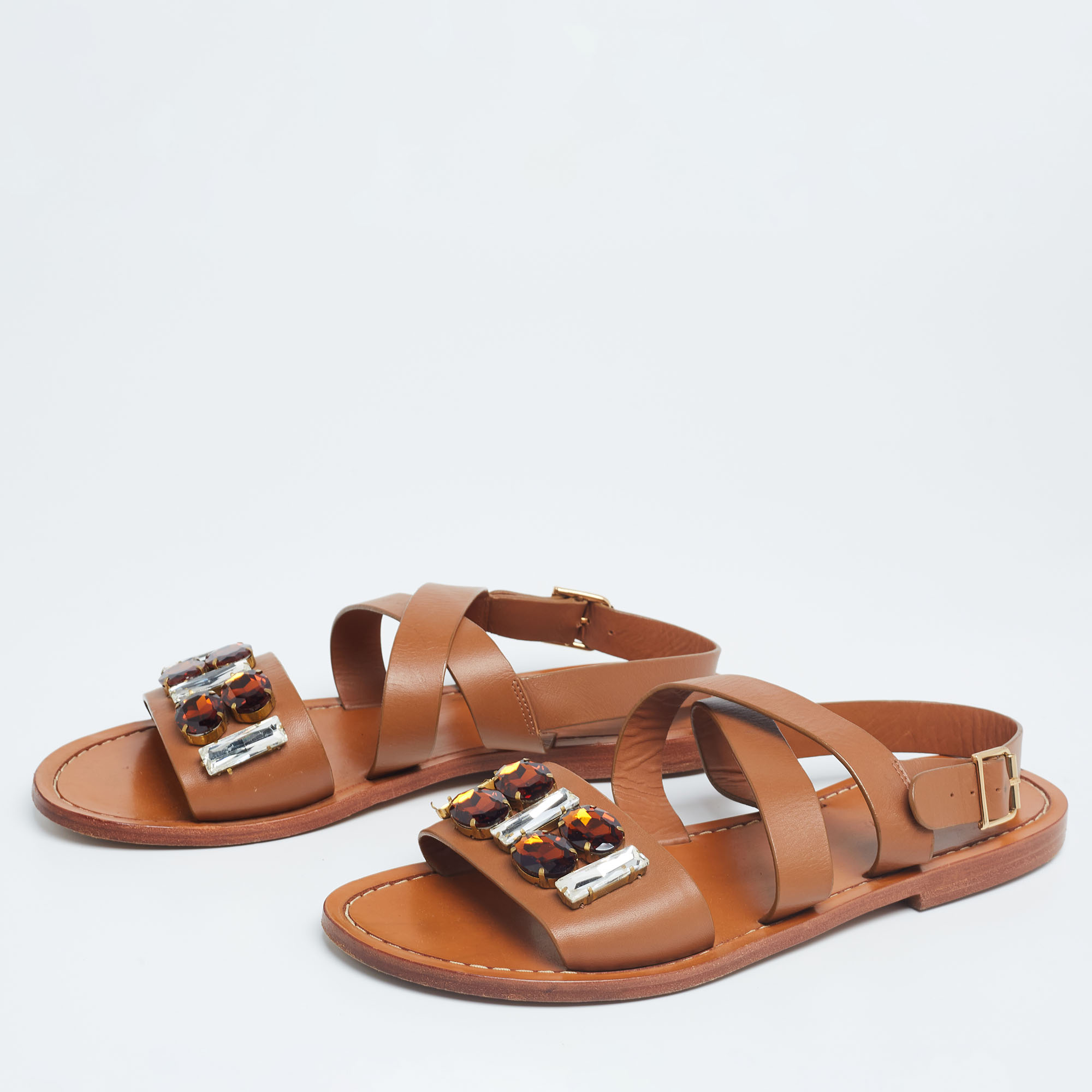 

Marni Tan Leather Jewel Embellished Flat Sandals Size