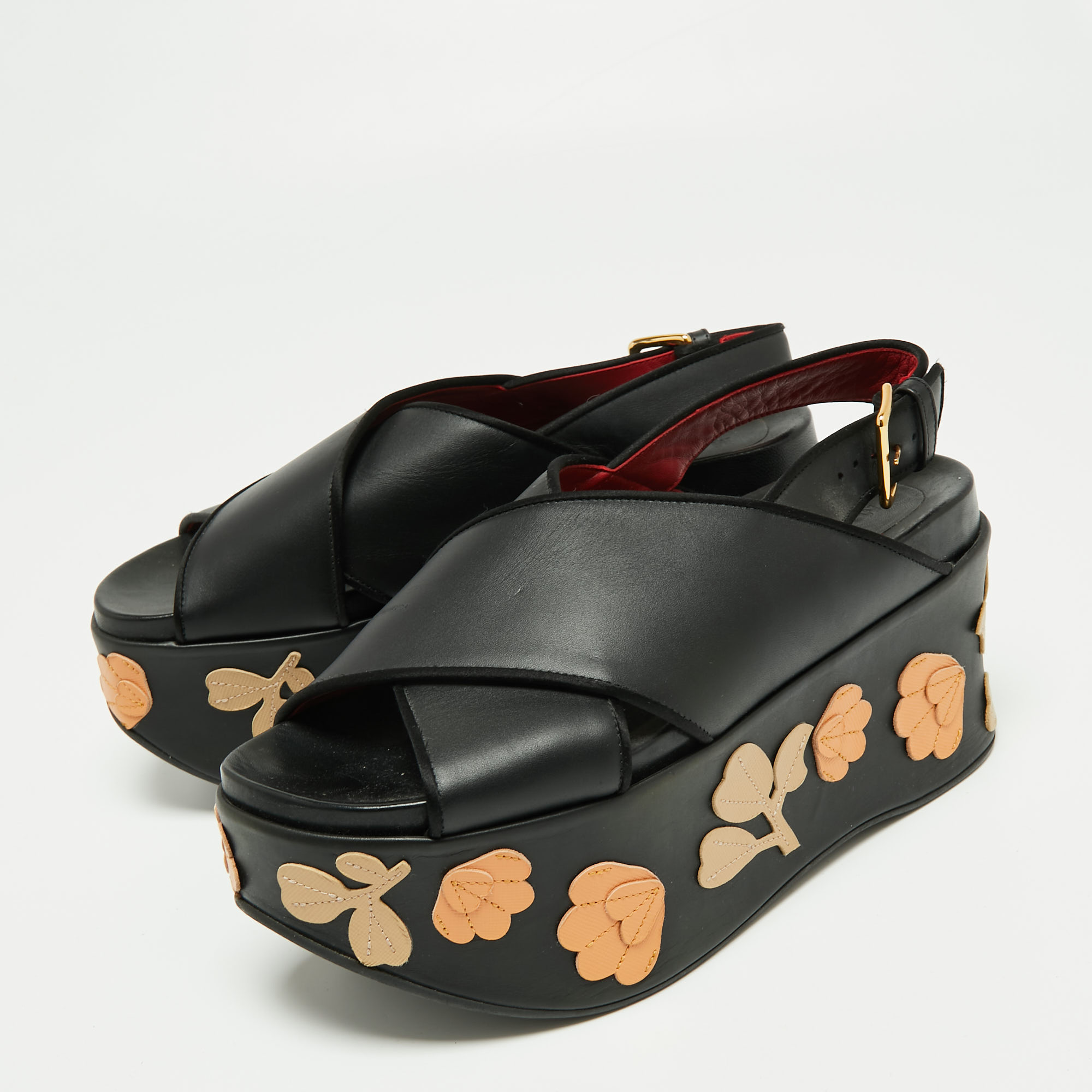 

Marni Black Leather Cross Strap Floral Platform Sandals Size