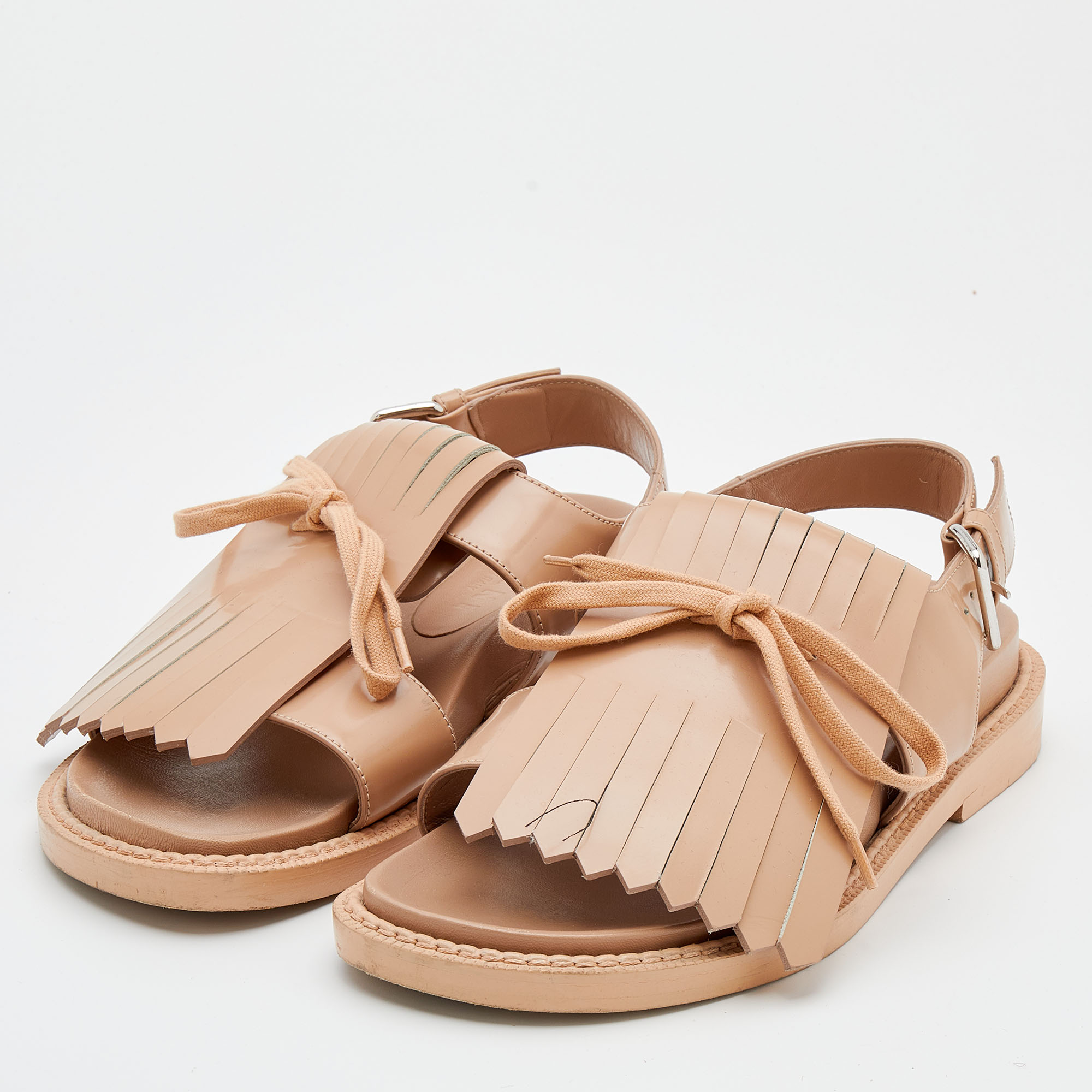 

Marni Beige Leather Fringe Fussbett Sandals Size