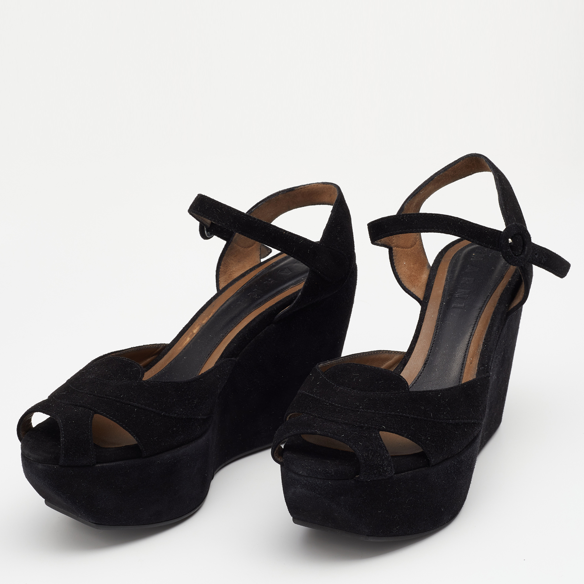 

Marni Black Suede Ankle Strap Platform Wedge Sandals Size