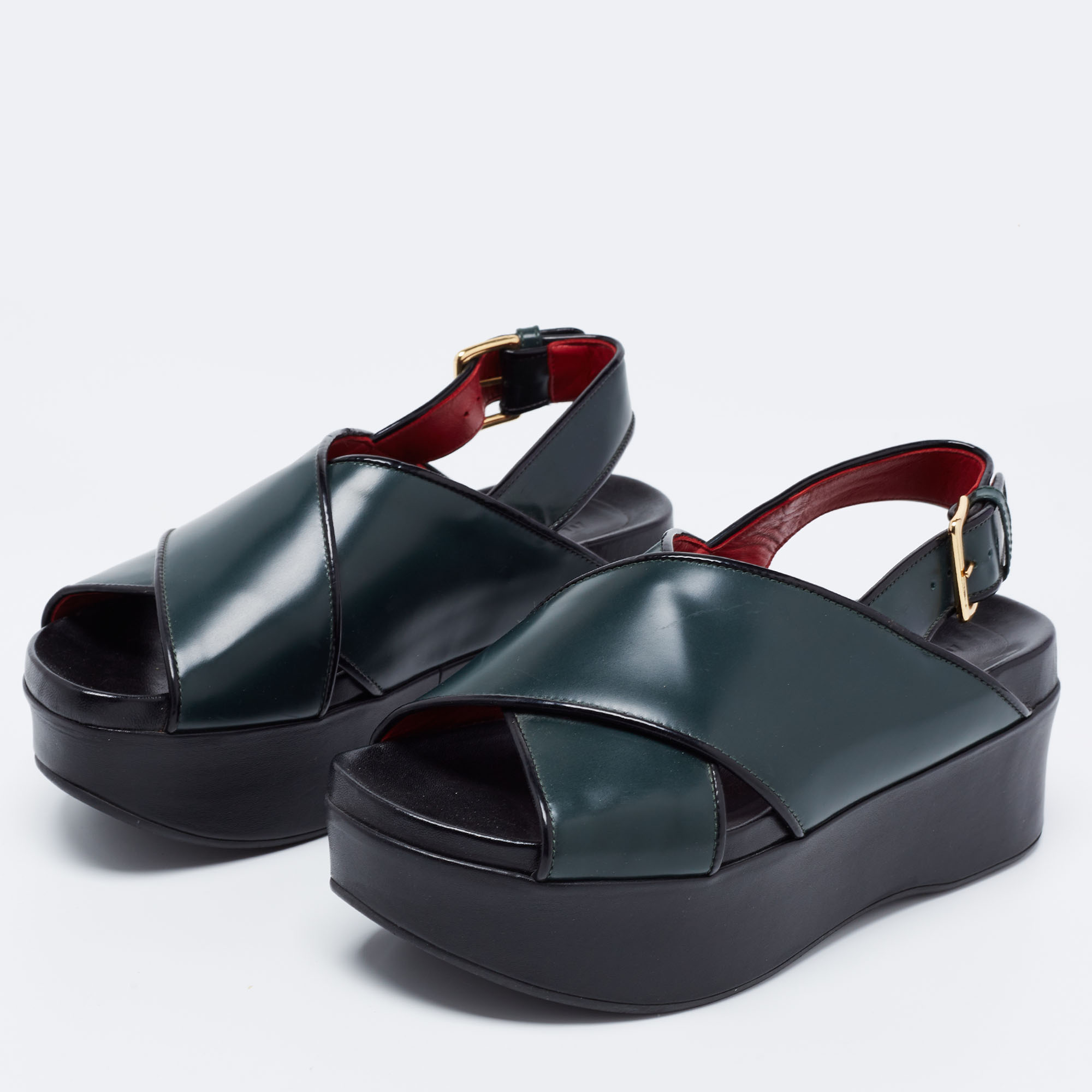 

Marni Dark Green Leather Cross Strap Slingback Platform Sandals Size