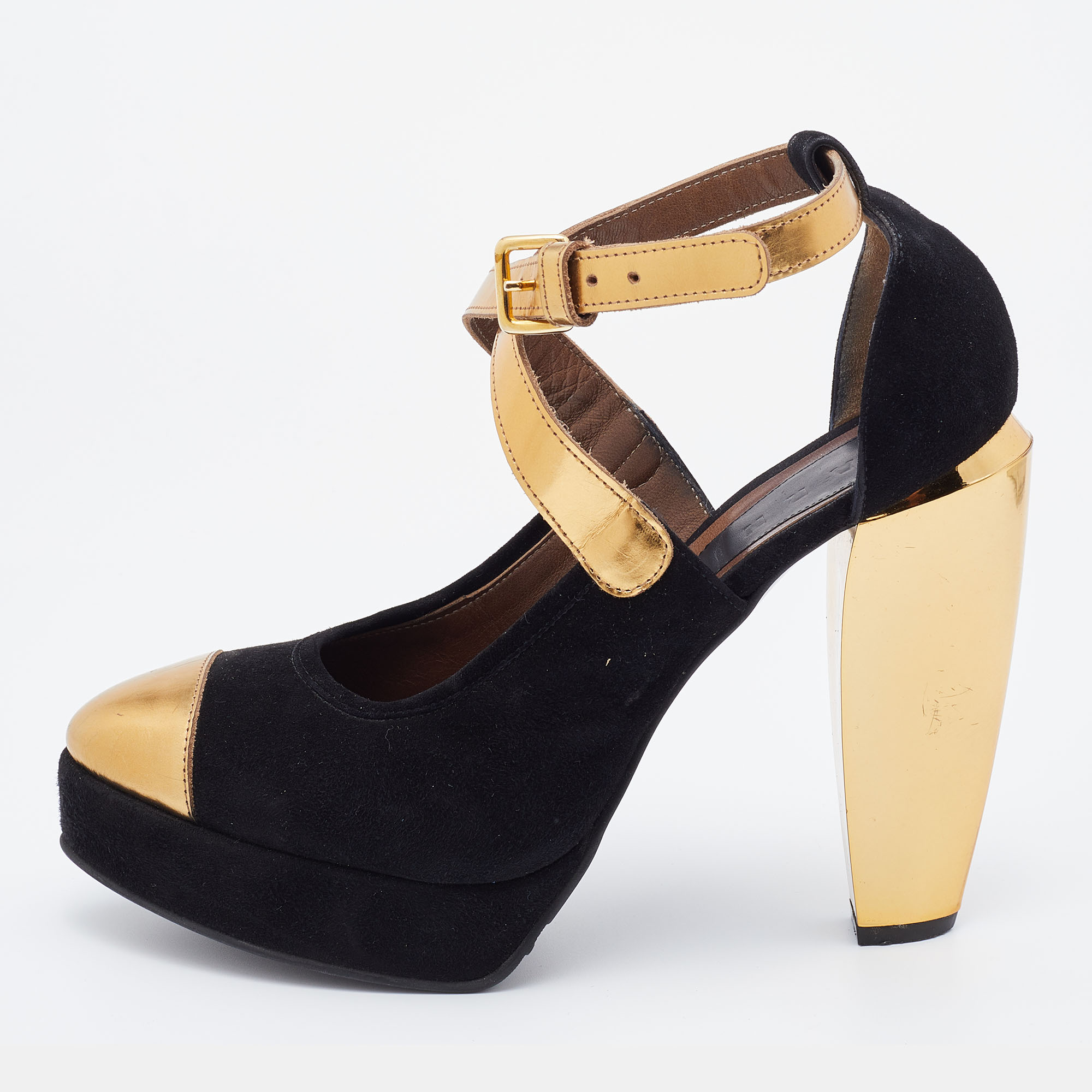 

Marni Black/Gold Suede and Leather Platforms Ankle Strap Pumps Size