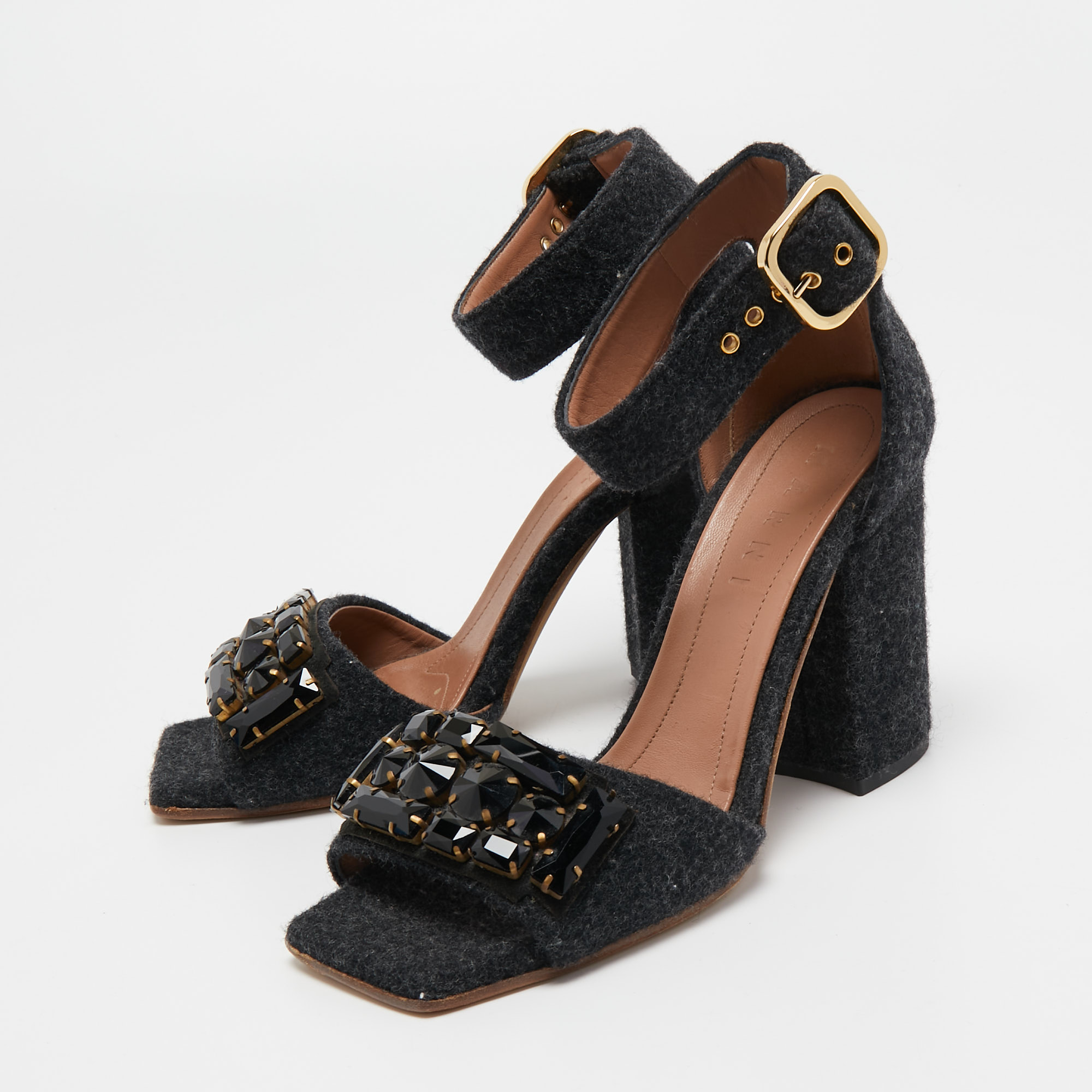 

Marni Dark Grey Felt Crystal Embellished Ankle Strap Sandals Size
