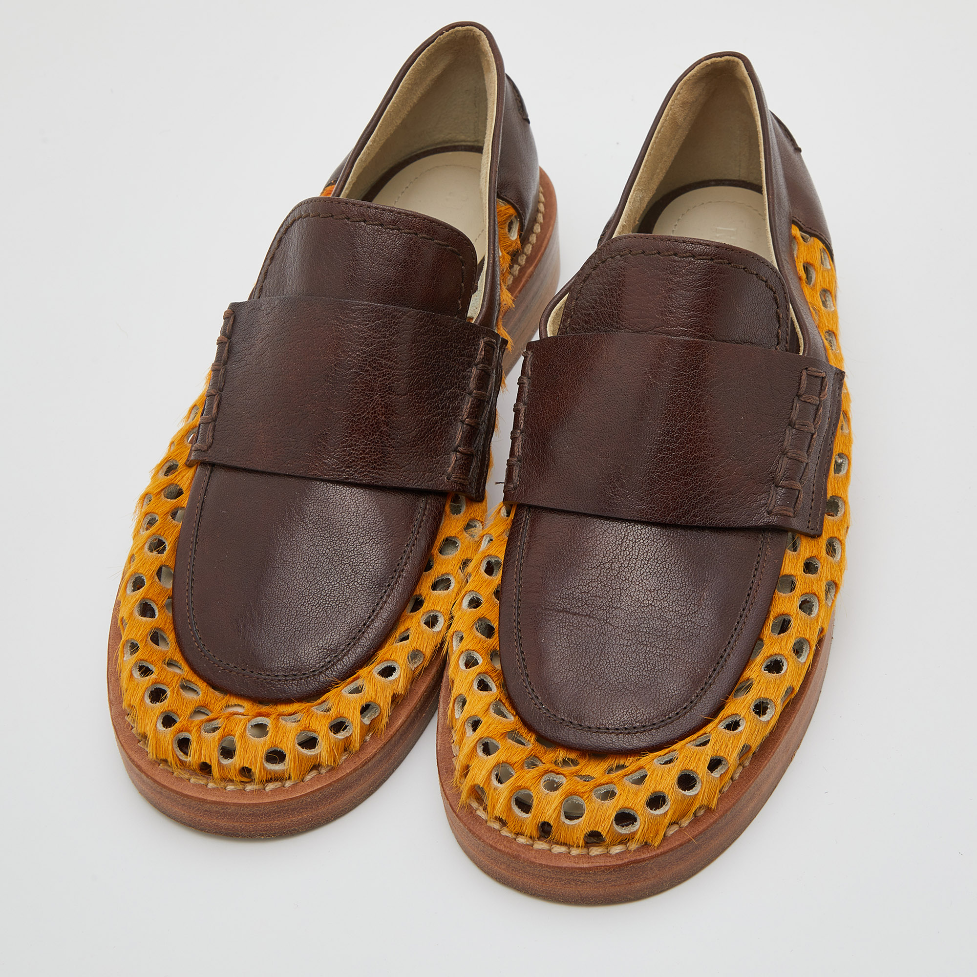 

Marni Brown/Yellow Leather and Perforated Calf Hair Slip On Loafers Size