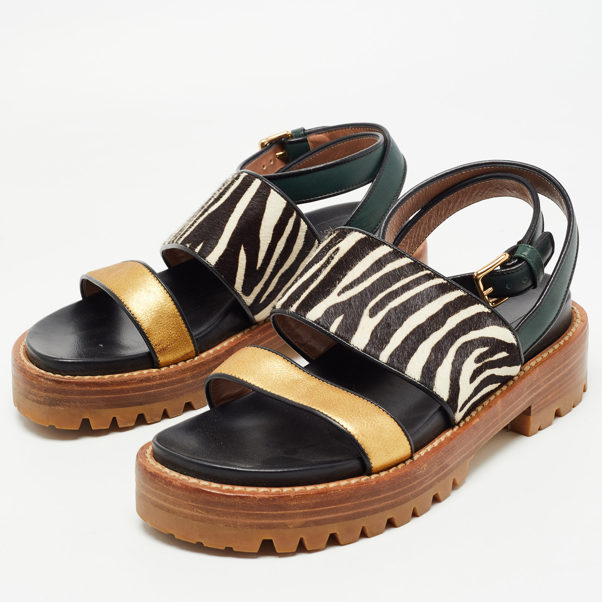 

Marni Multicolor Leather and Calf Hair Animal Print Slingback Sandals Size