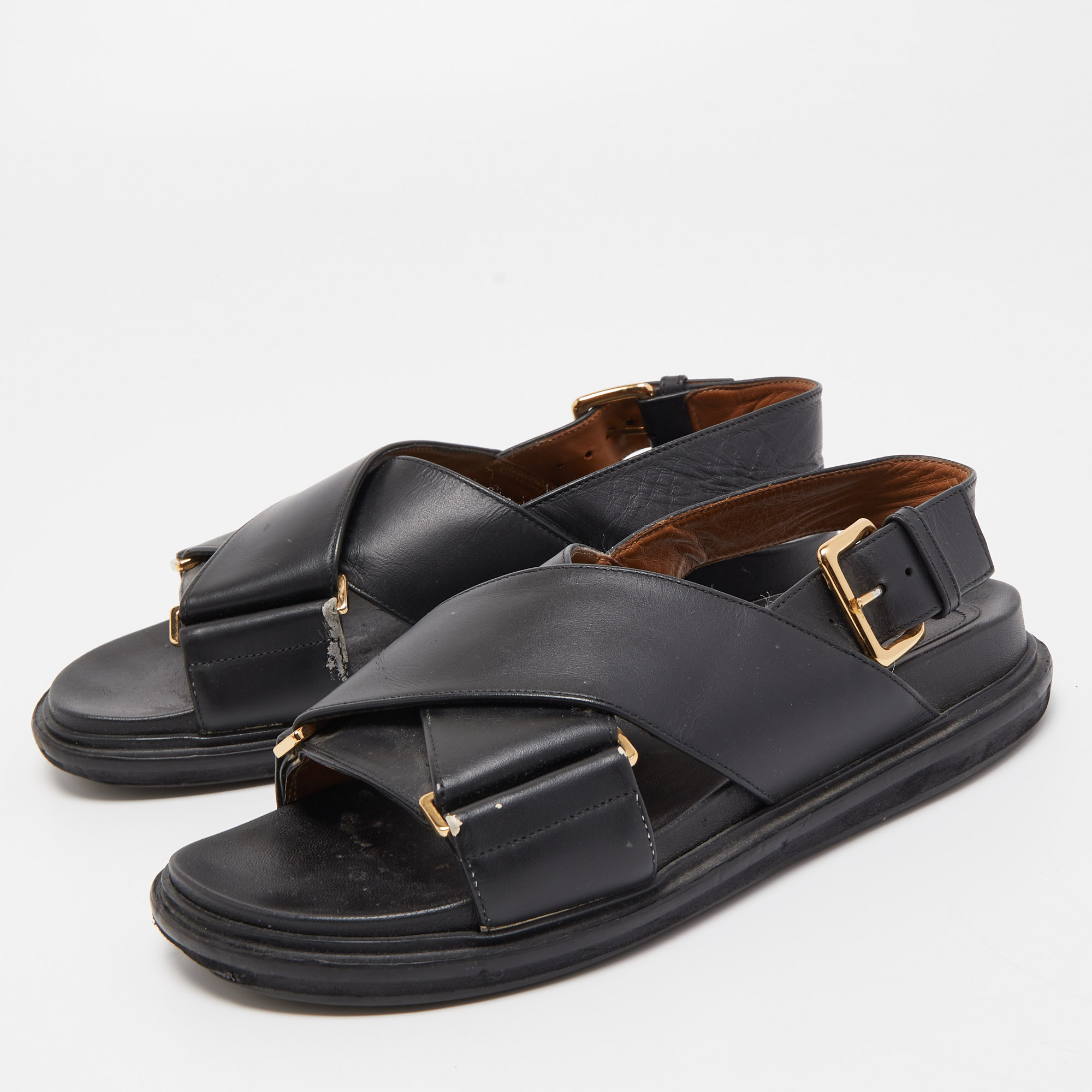 

Marni Black Leather Cross-Strap Flat Sandals Size