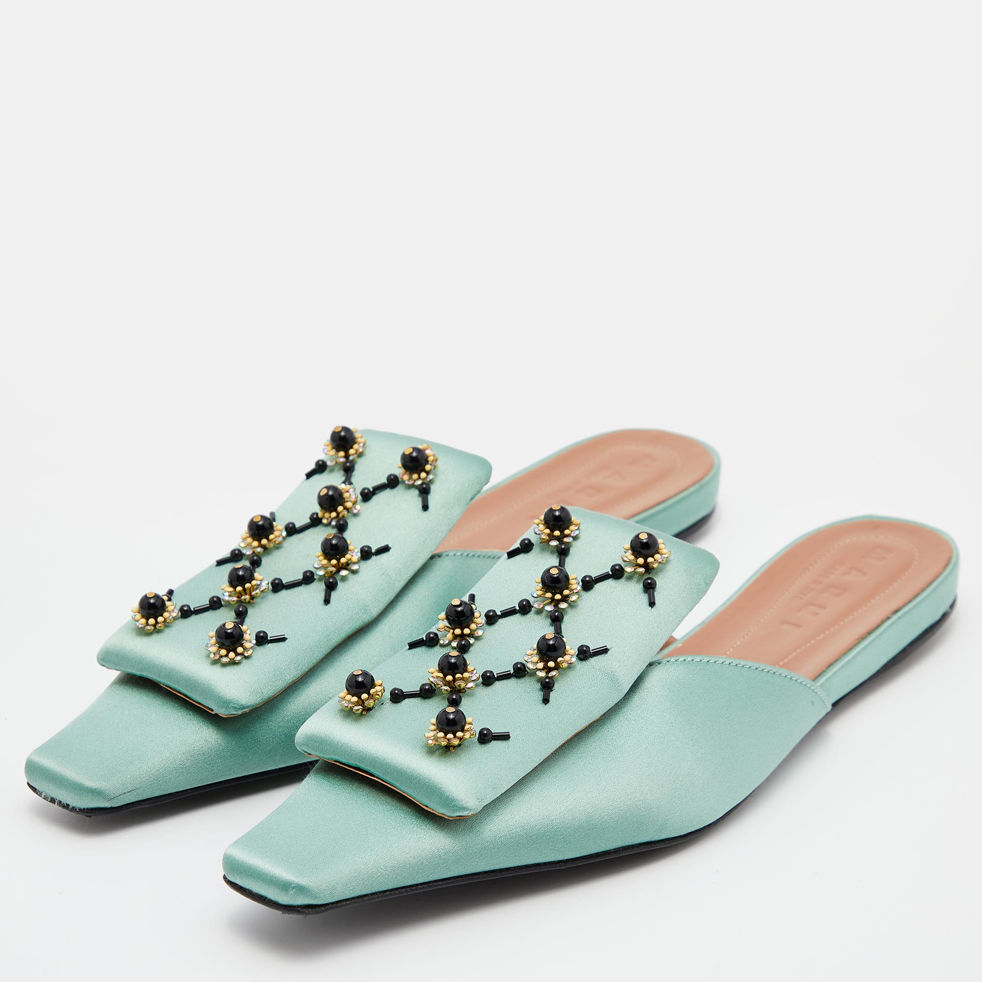 

Marni Green Satin Embellished Mules Size