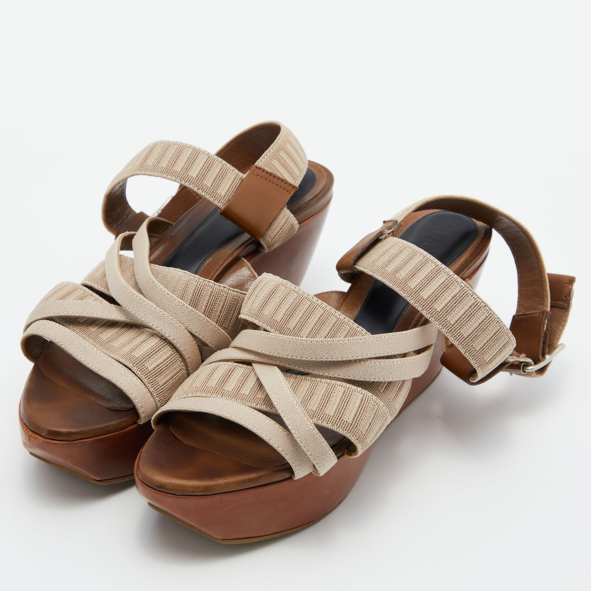 

Marni Beige Nylon and Leather Strappy Wedge Sandals Size