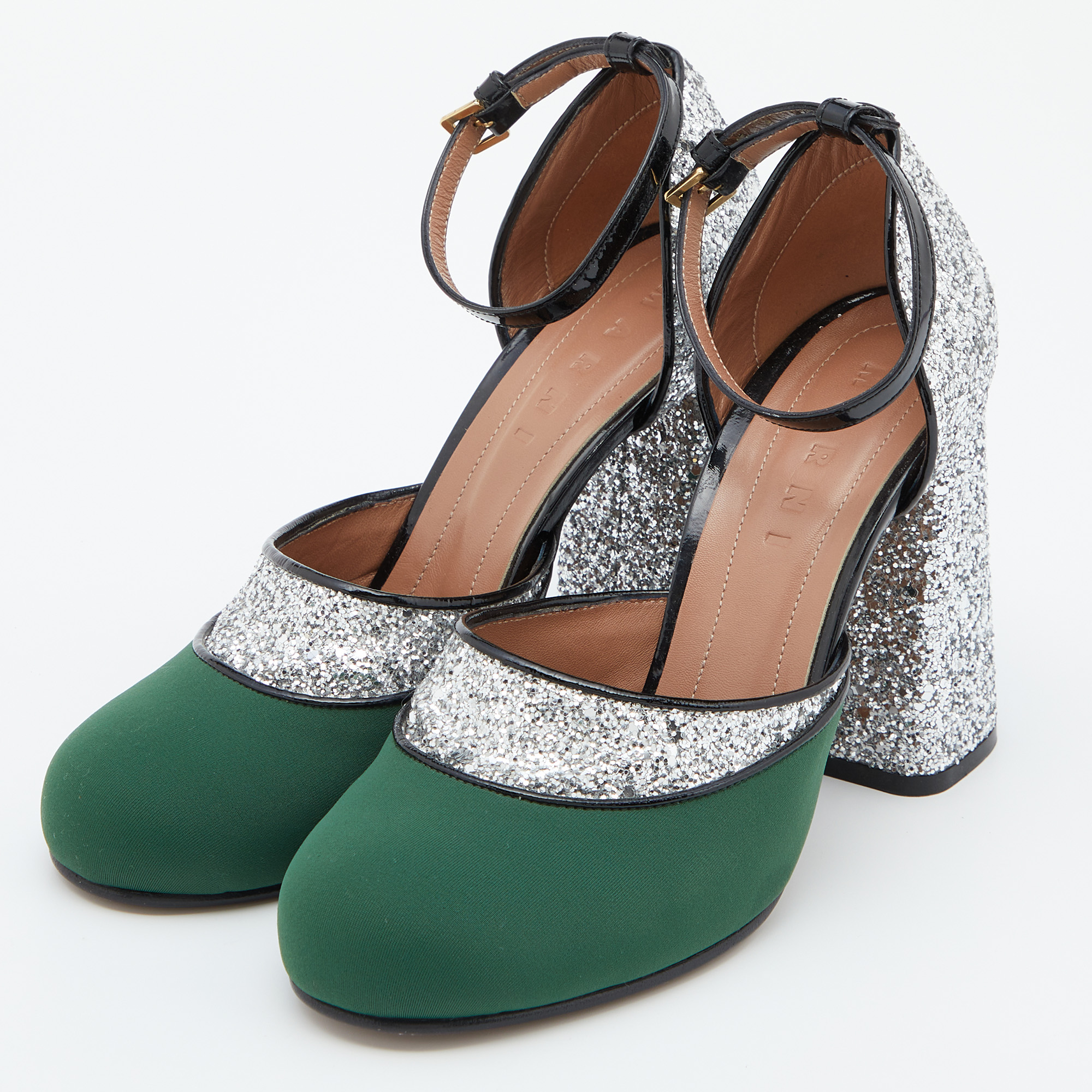 

Marni Green/Silver Glitter,Neoprene and Patent Leather Ankle Strap Block Heel Sandals Size