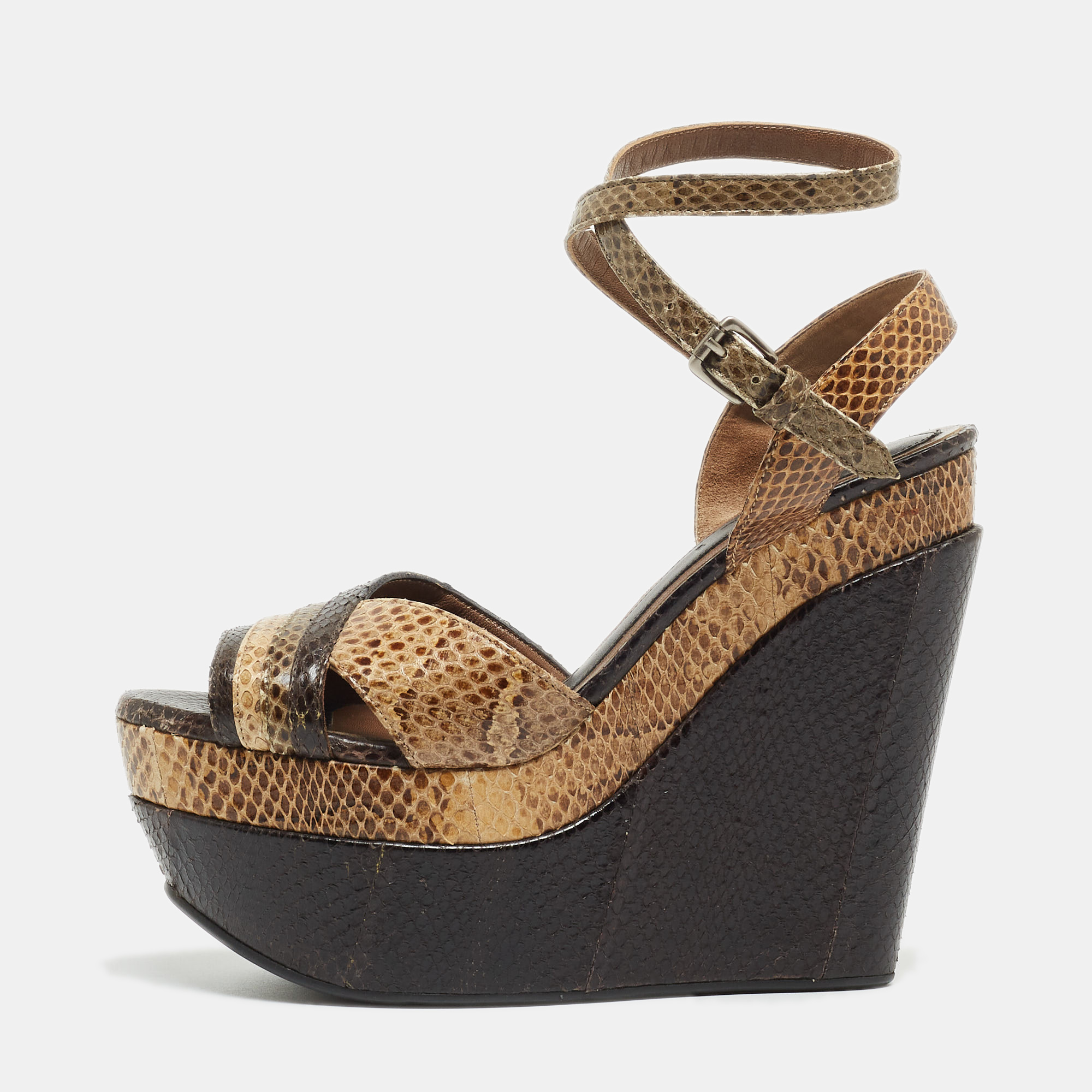 Pre-owned Marni Brown/beige Python Wedge Ankle Strap Sandals Size 38