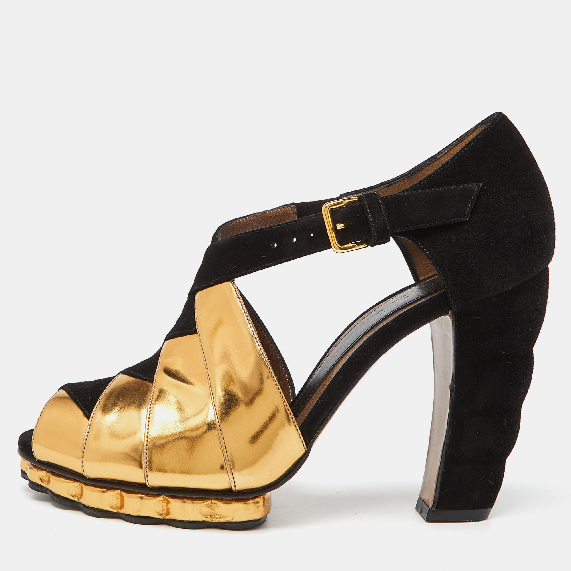 

Marni Black/Gold Suede and Leather Peep Toe Platform Sandals Size