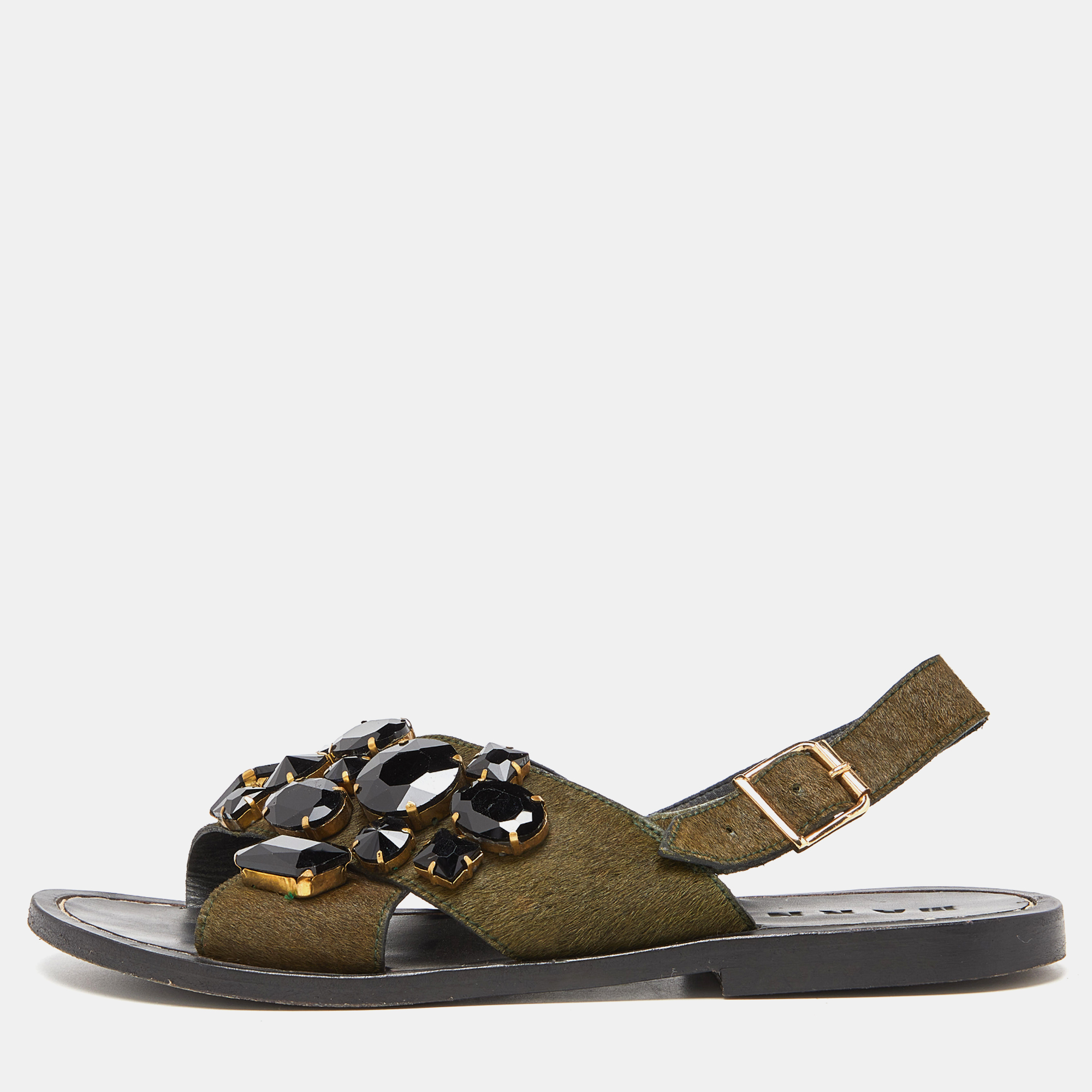 

Marni Green Leather and Calfhair Embellished Flat Sandals Size