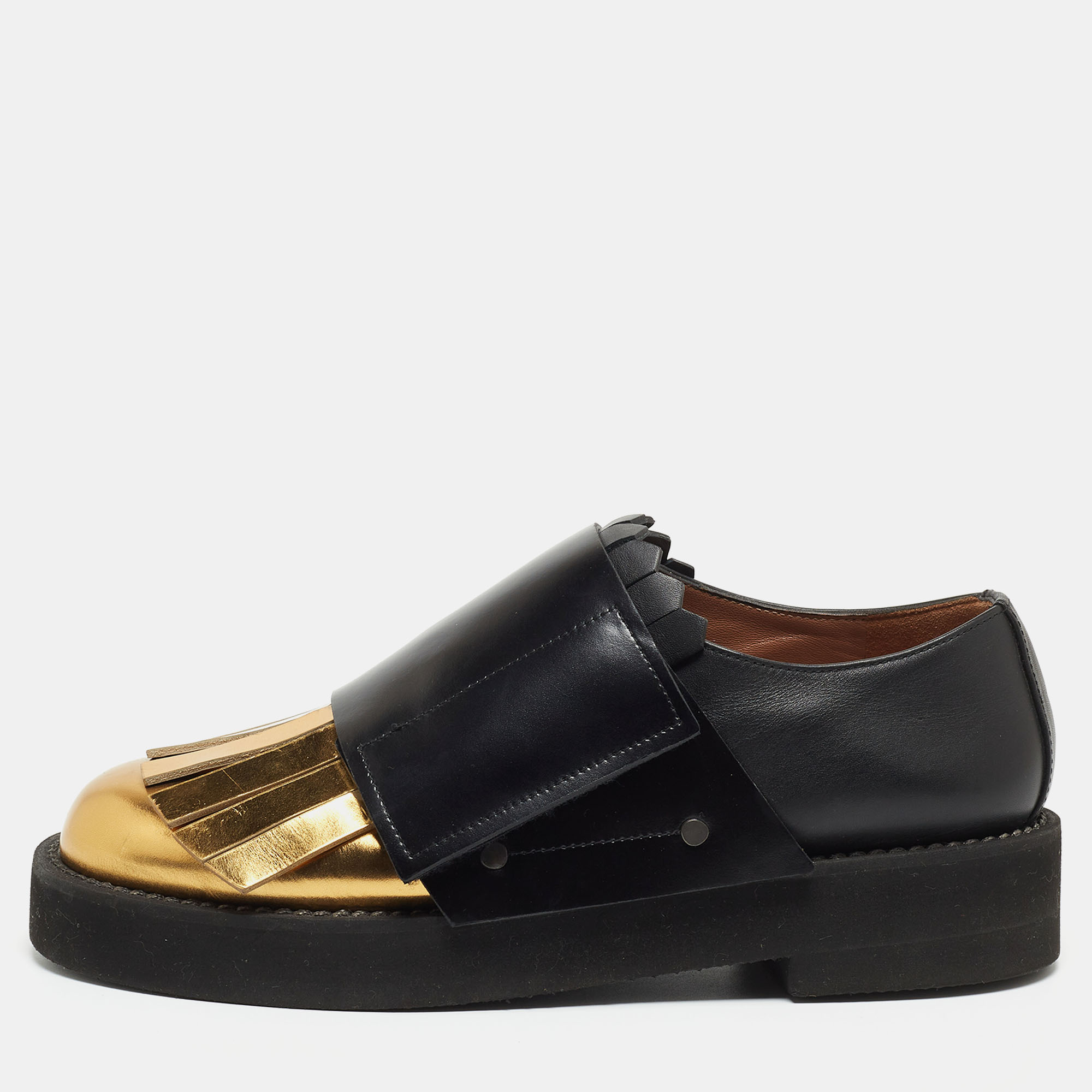 Pre-owned Marni Black/gold Leather Fringe Detail Slip On Loafers Size 40
