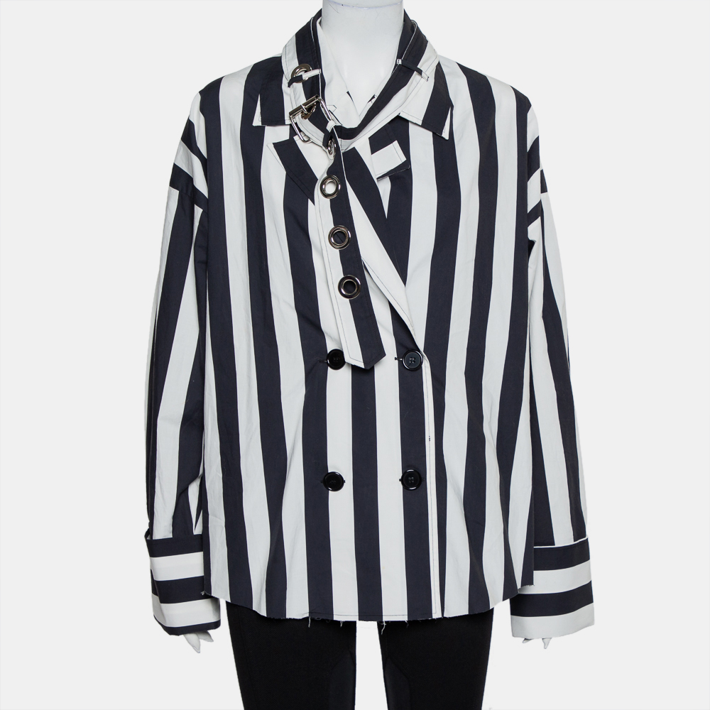 Pre-owned Marques' Almeida Navy Blue & White Striped Cotton Double Breasted Belted Blazer M