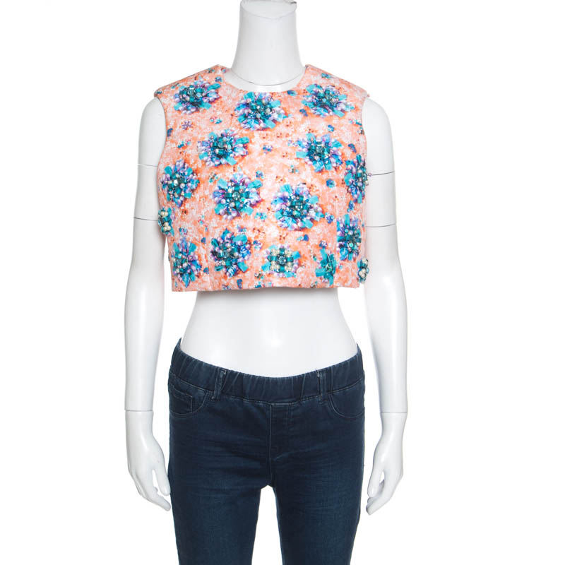 Mary Katrantzou Bejeweled Bow Print Embellished Silverfloss Crop Top M