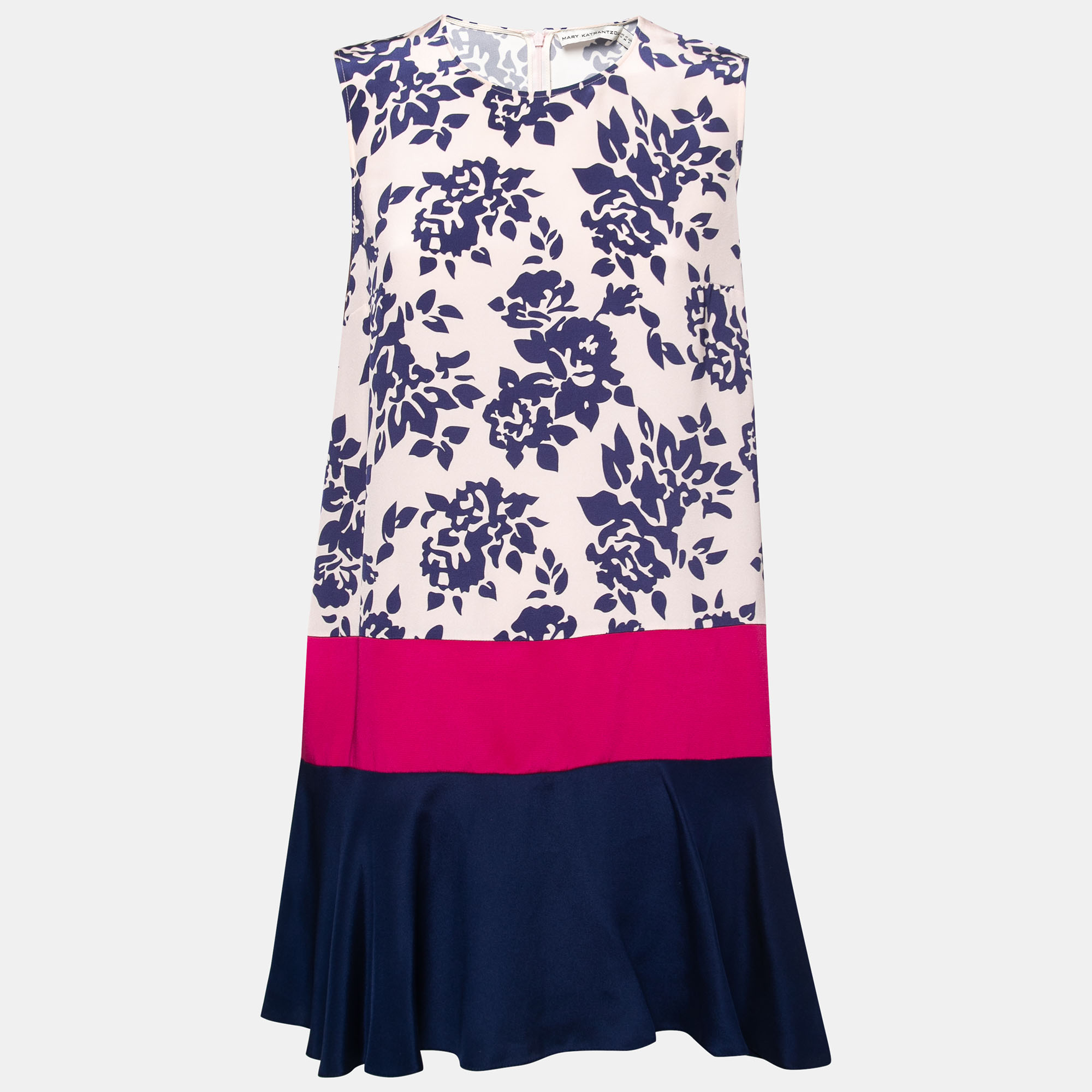 Pre-owned Mary Katrantzou Blue Printed Silk Sleeveless Colorblock Dress M