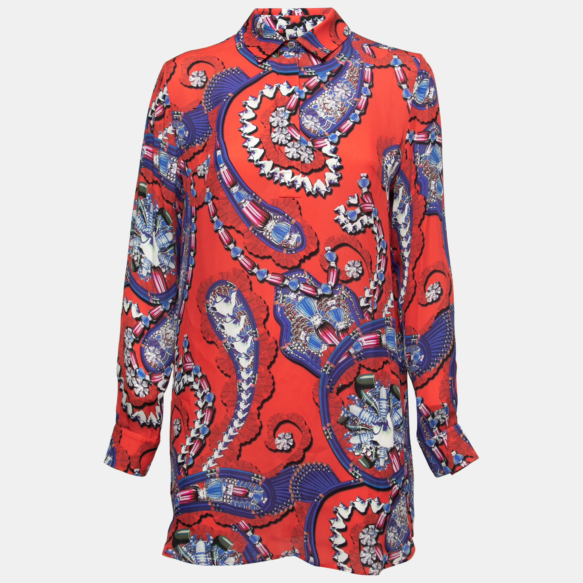 Pre-owned Mary Katrantzou Red Printed Silk Blouse Short Dress Xs