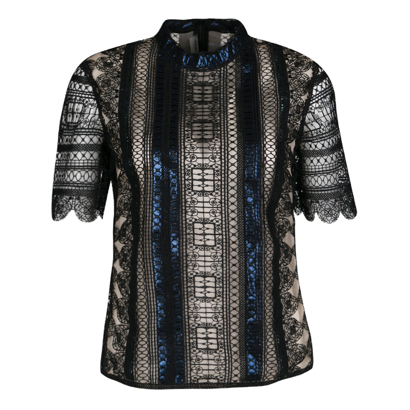 Mary Katrantzou Black Chestripe Lace Metallic Trim Short Sleeve Top M