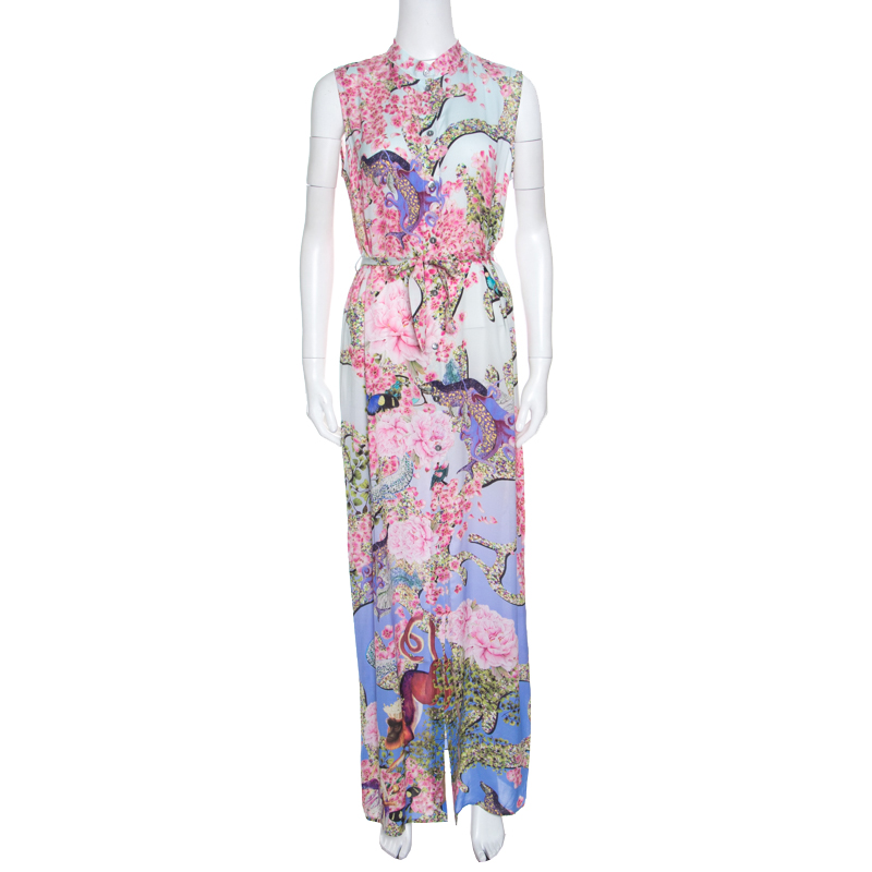Mary Katrantzou Multicolor Printed Silk Sleeveless Belted Dress S Mary ...