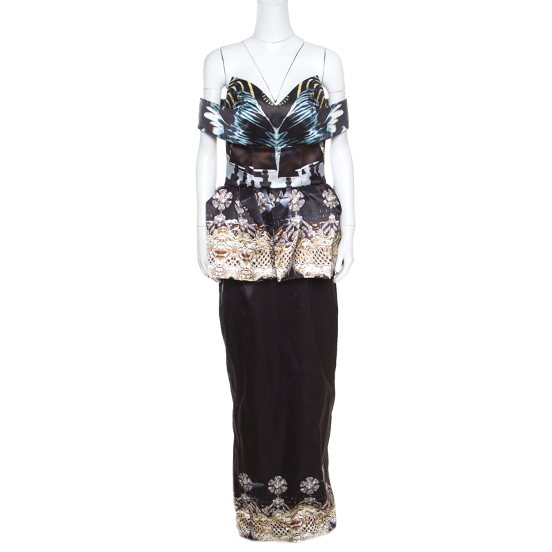 Mary Katrantzou Nebraska Printed Silk Satin Off Shoulder Peplum Maxi Dress M