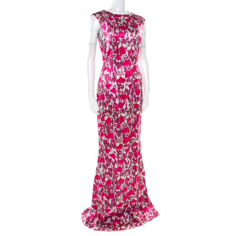 

Mary Katrantzou Fuchsia Pink Bejeweled Feather Printed Silk Satin Evening Gown