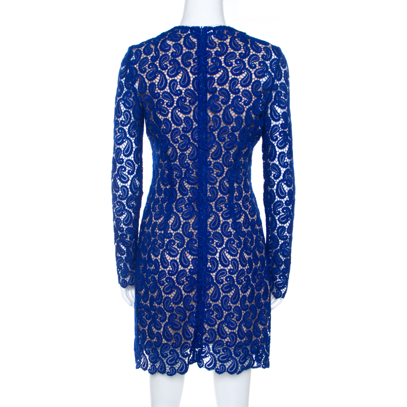 Pre-owned Mary Katrantzou Cobalt Blue Paisley Macrame Lace Overlay Geri Shift Dress M