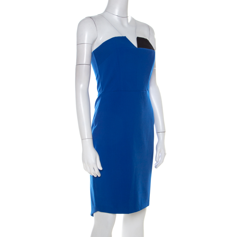 Pre-owned Mason Cobalt Blue Contrast Panel Detail Strapless Pencil Dress Xs