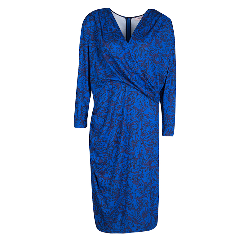 مملوكة مسبقًا Matthew Williamson Navy Blue Draped Jersey Botanical Dress L
