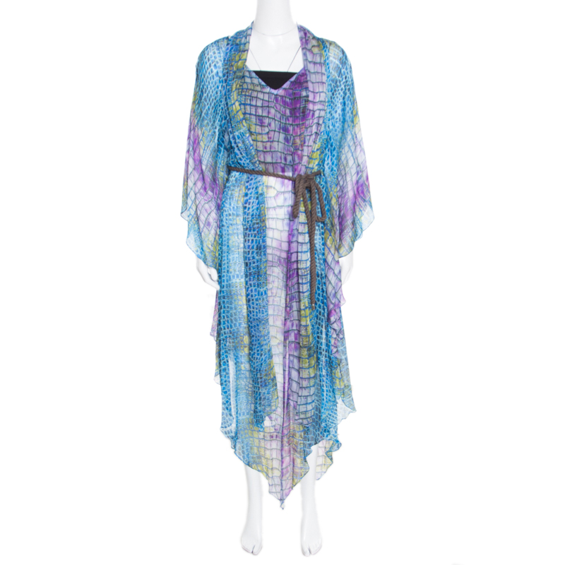 Matthew Williamson Escape Blue Alligator Printed Sheer Silk Belted Asymmetric Kaftan M